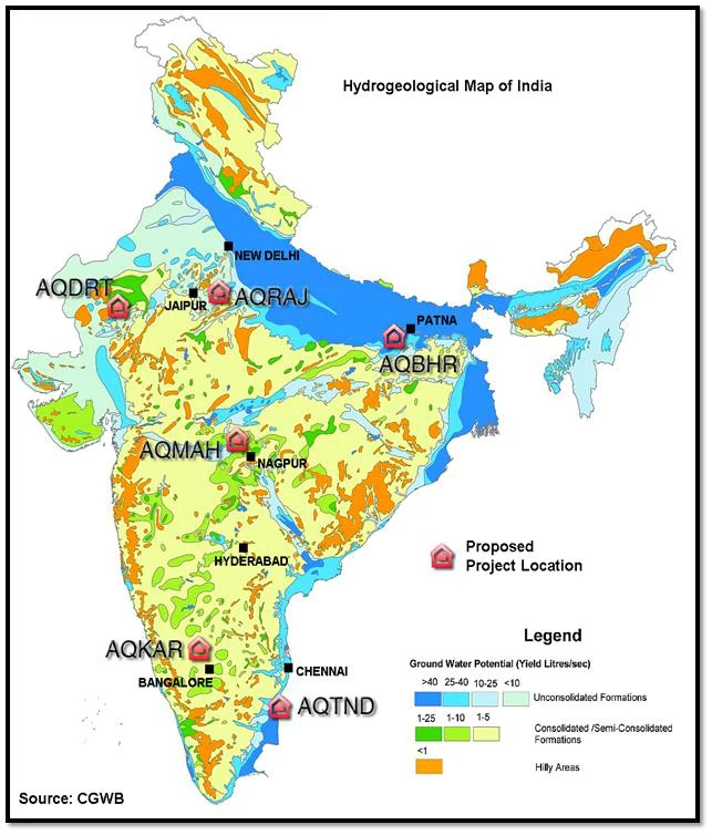 Hydro-geological map of India — groundwater potential by region, with the deck’s proposed project locations marked.